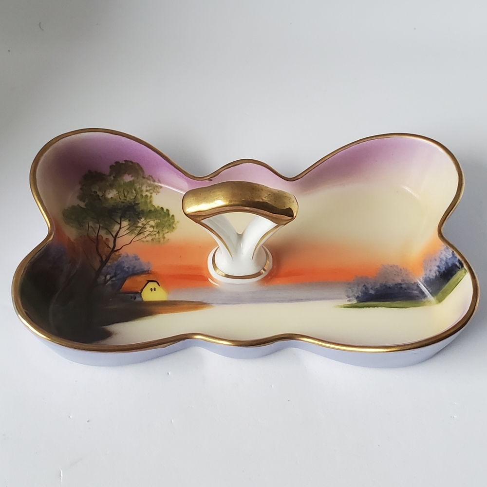 Noritake Hand Painted Bon Bon Trinket Dish With Handle Gold Trim Vintage Japan